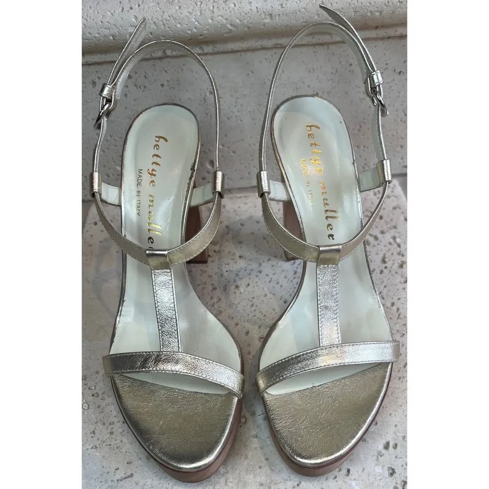 Bettye Muller Gold Leather T-Strap Wooden Platform Sandals Size EU 37 US 6.5